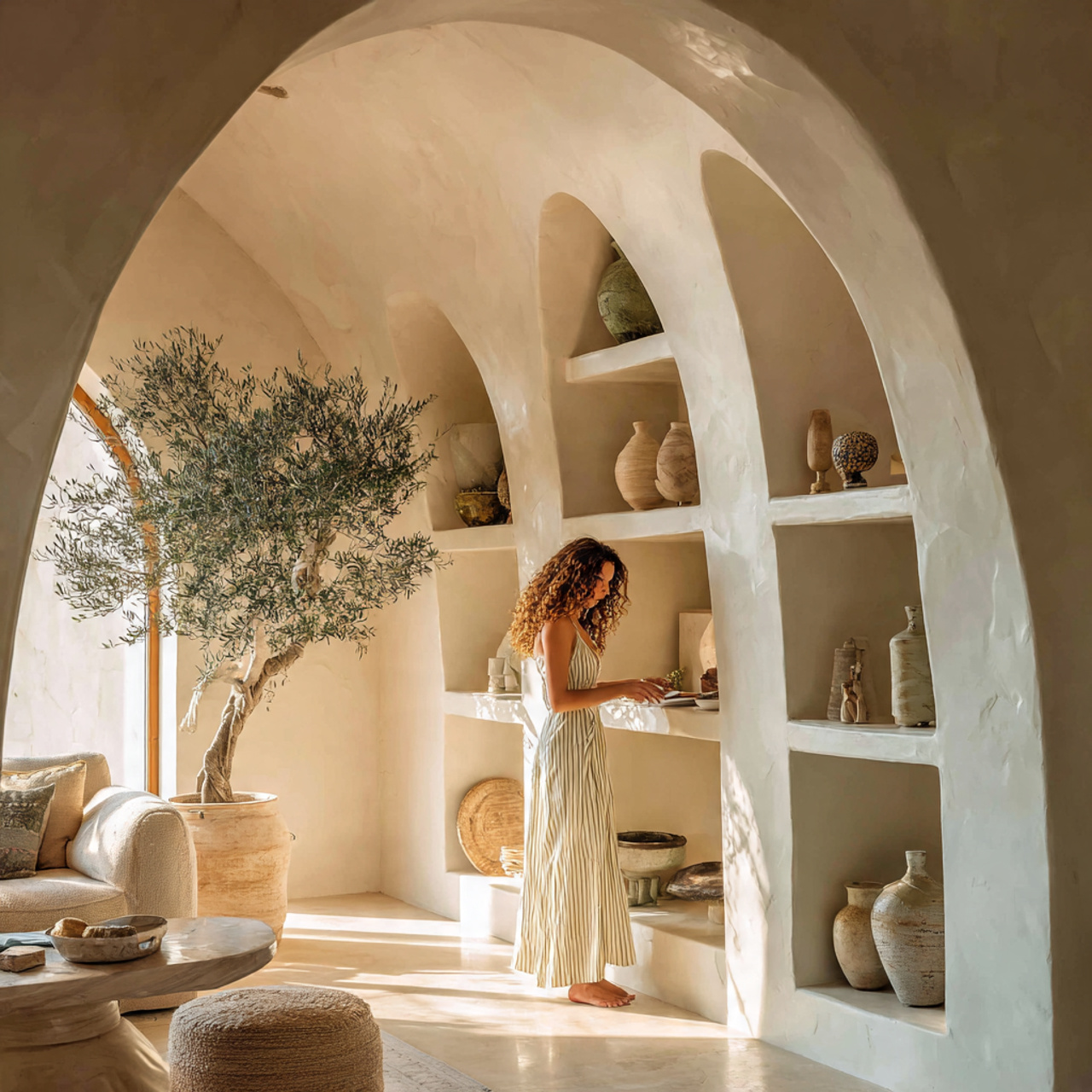 ultra realistic arched alcove shelving living room