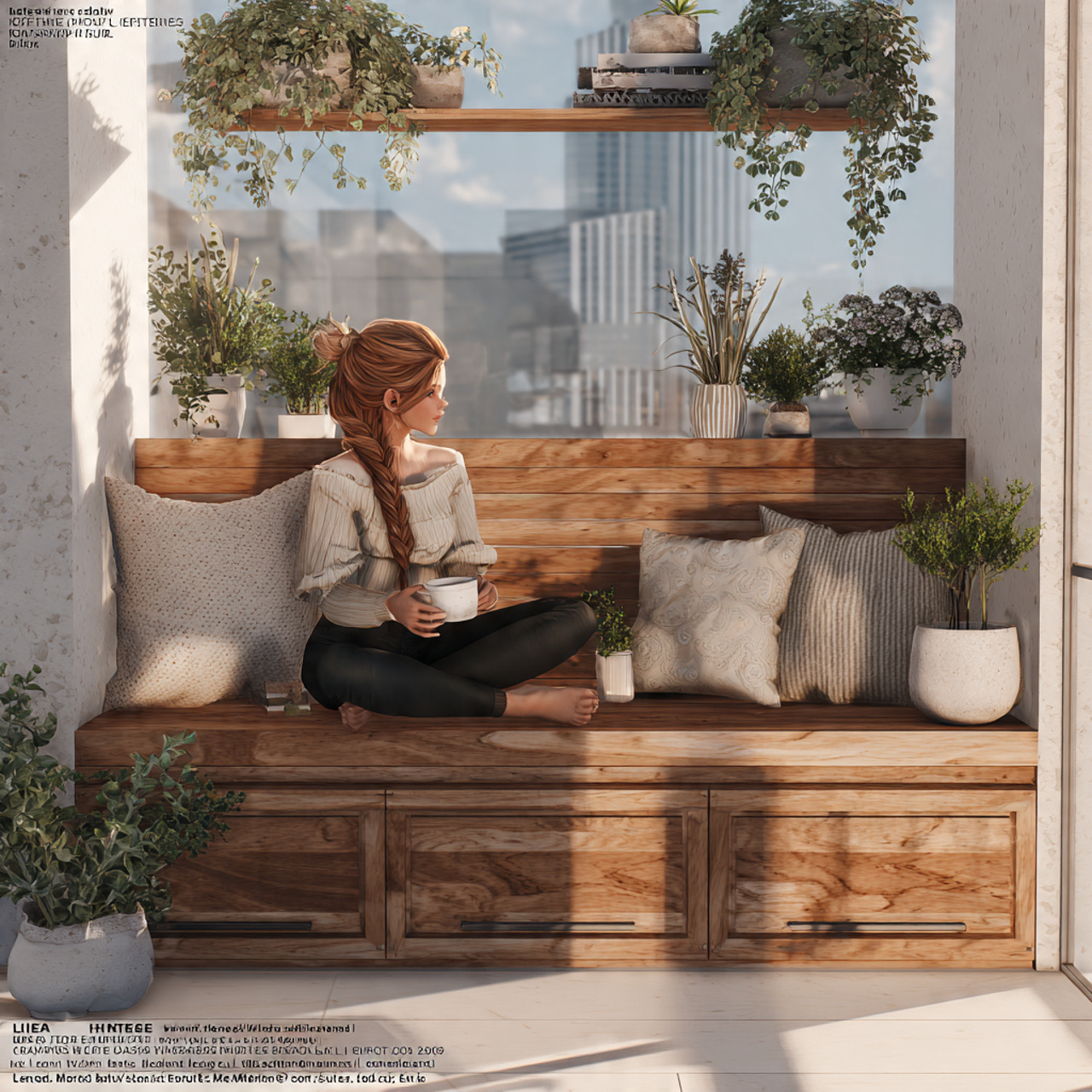 ultra realistic balcony featuring a built in woode