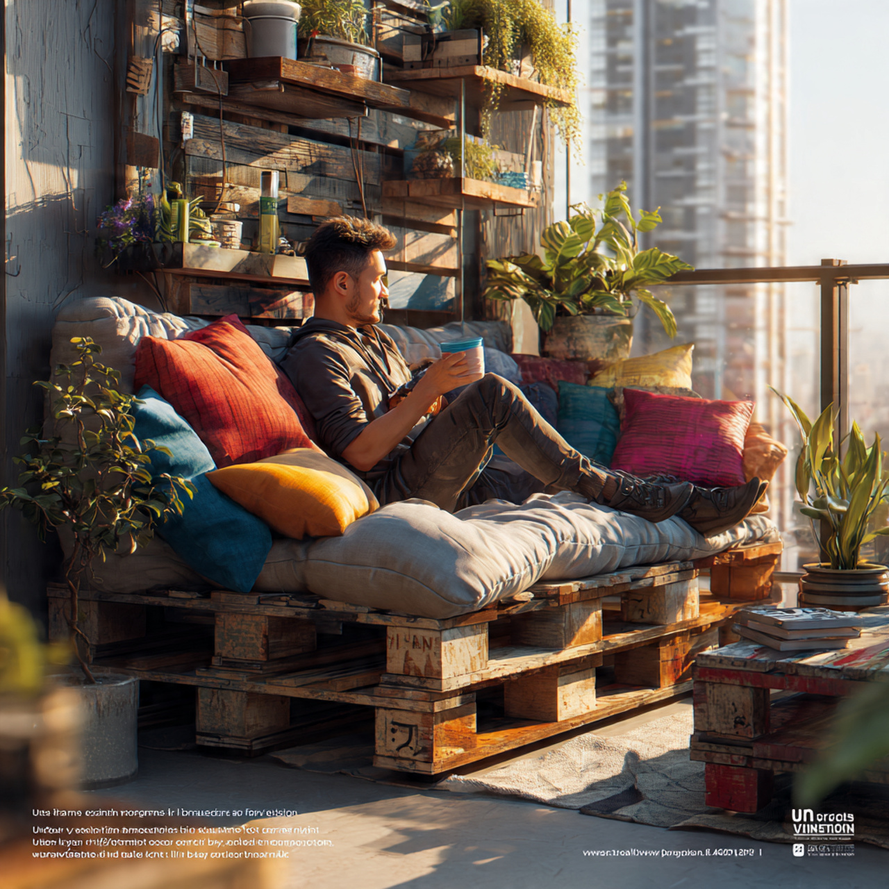 ultra realistic balcony featuring an upcycled pall