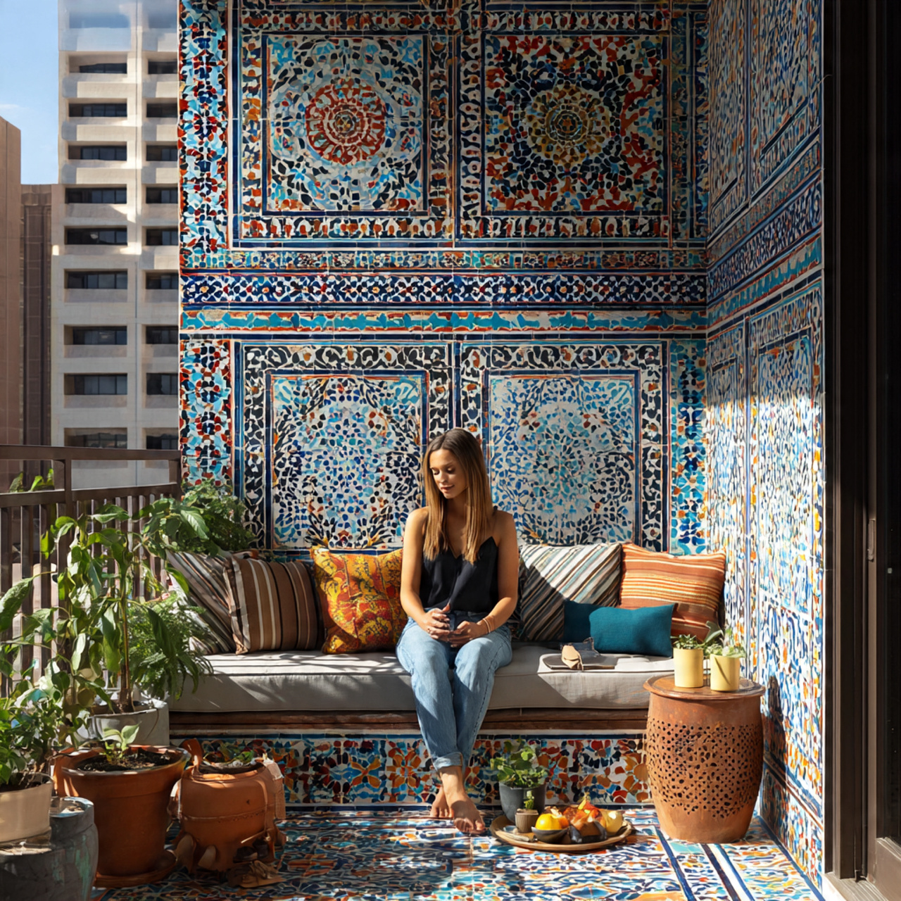 ultra realistic balcony featuring moroccan tile de