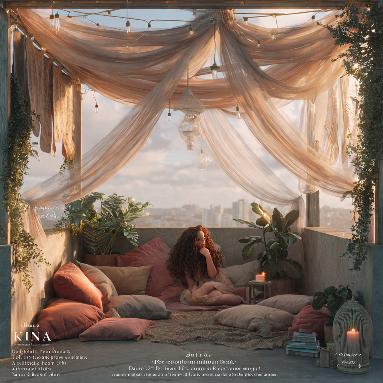 ultra realistic balcony with a bohemian fabric can