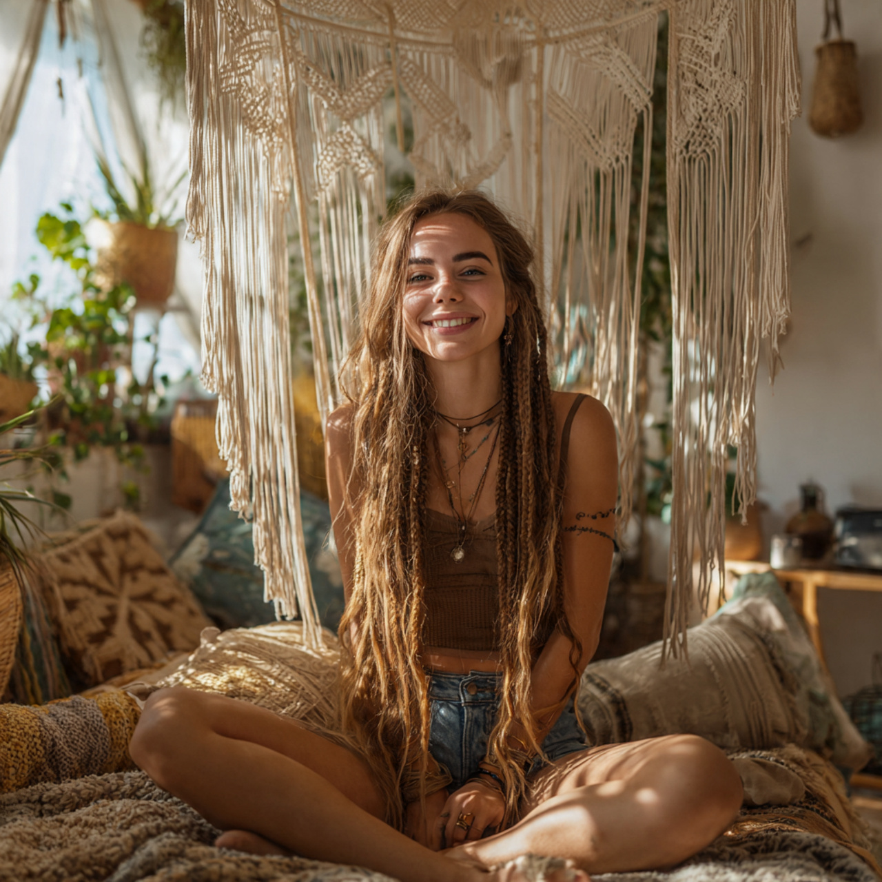 ultra realistic bohemian interior photo of living
