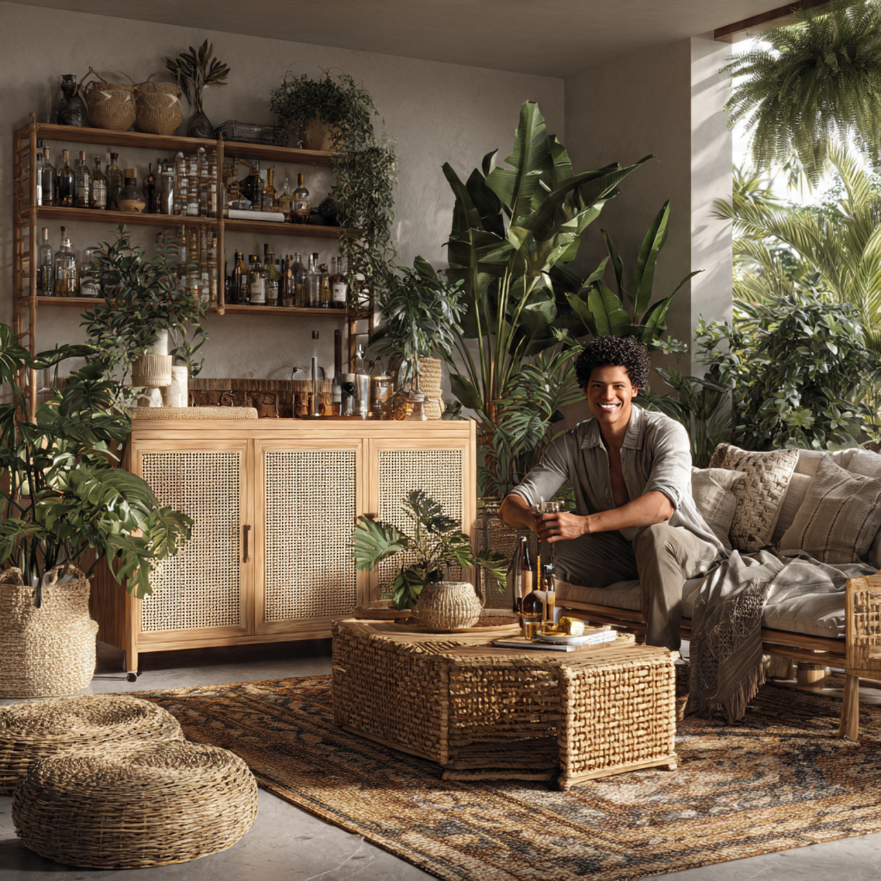 ultra realistic bohemian living room featuring a n