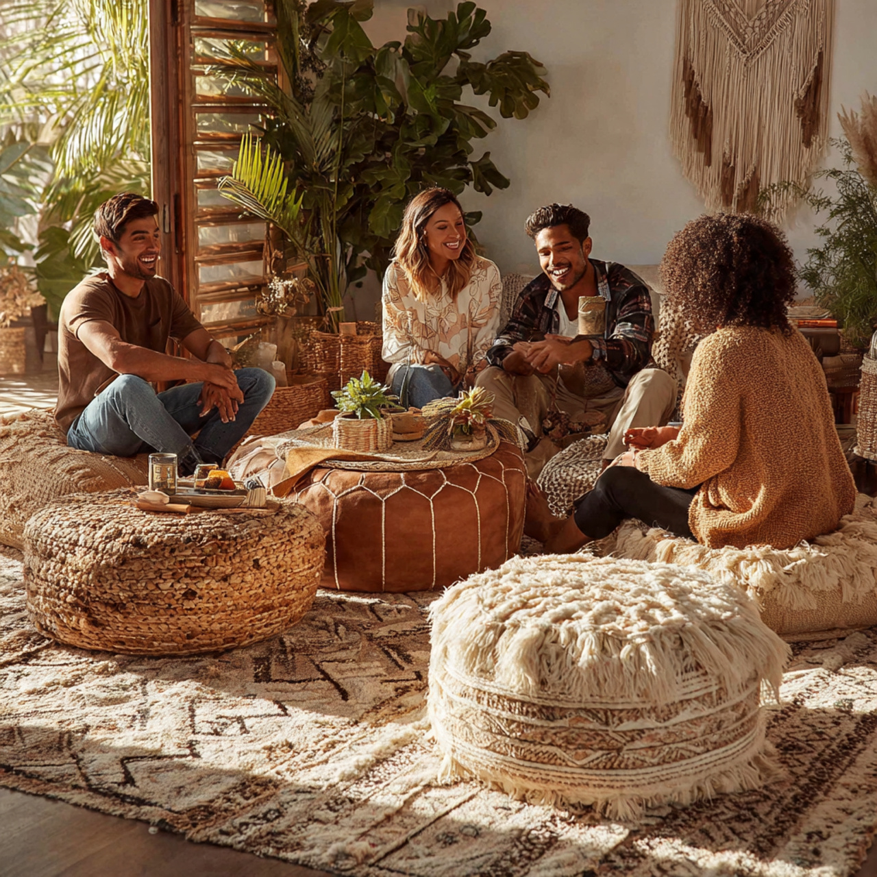 ultra realistic bohemian living room with multiple