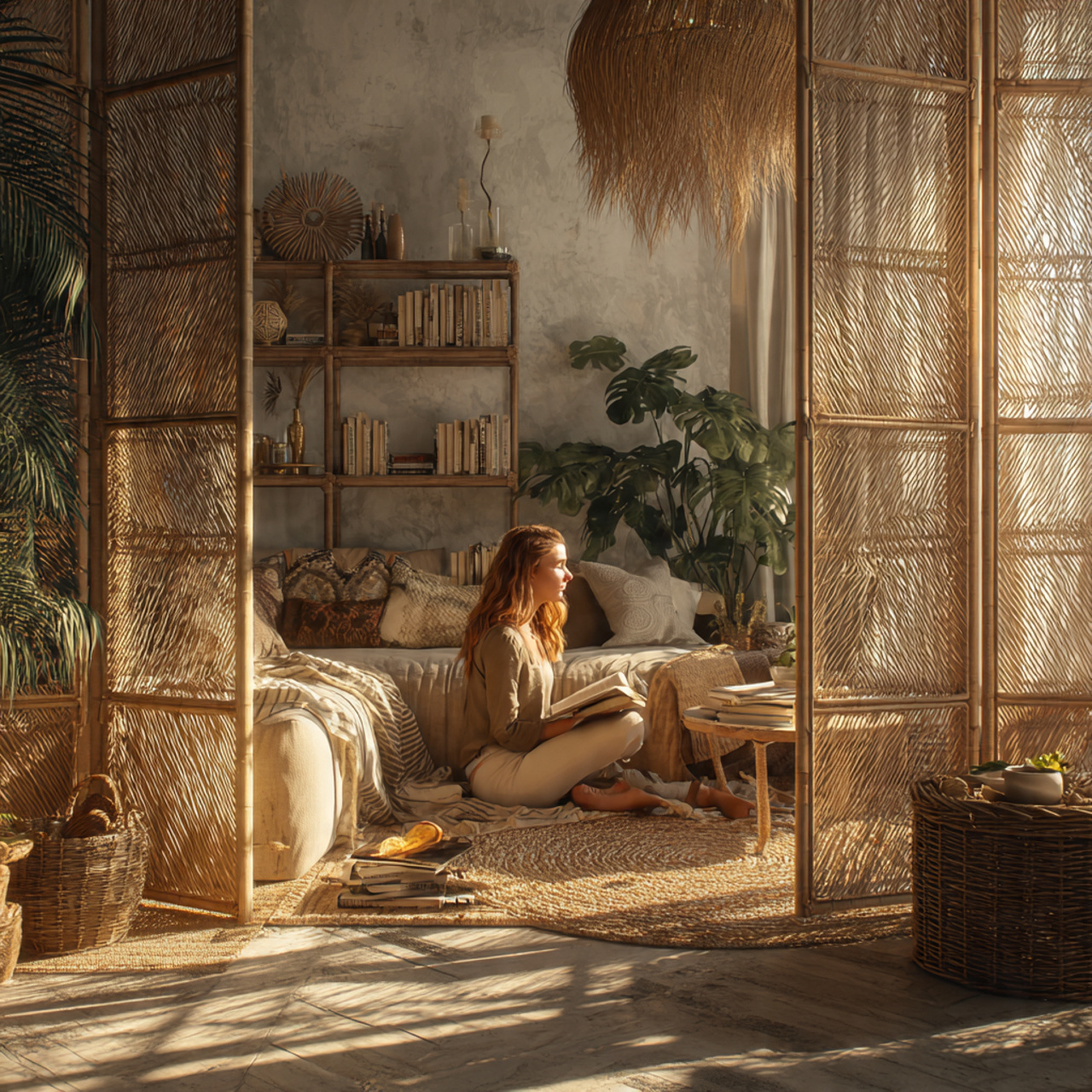 ultra realistic boho inspired interior showcasing