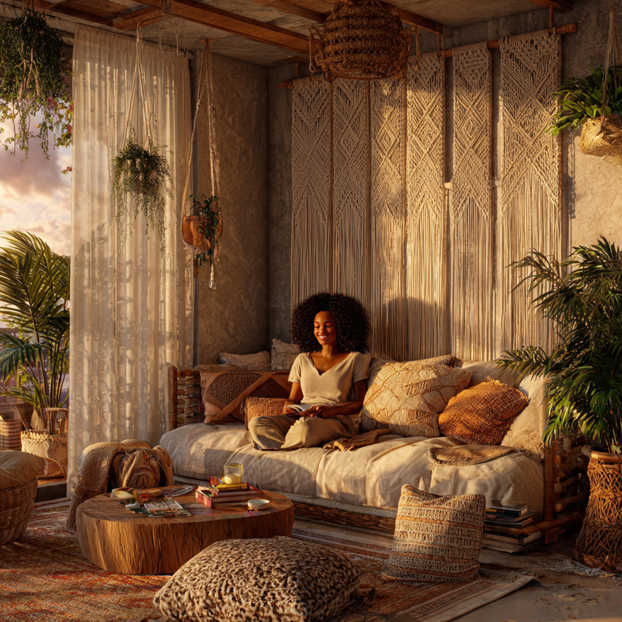 ultra realistic boho style apartment featuring liv