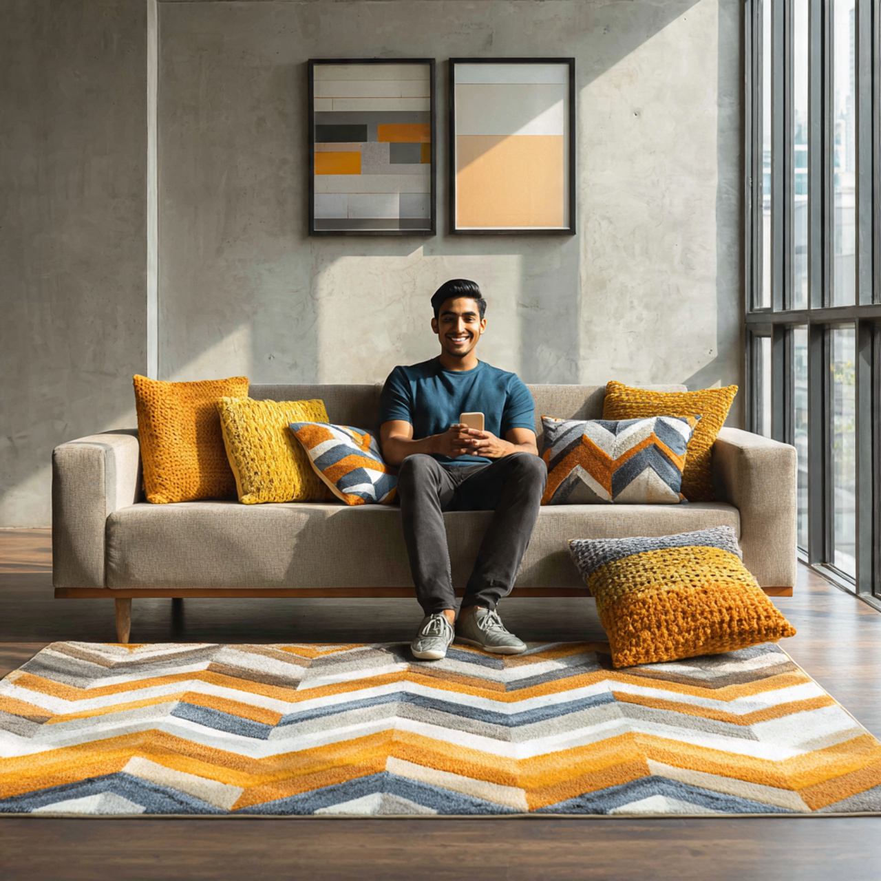 ultra realistic bold geometric pattern living room