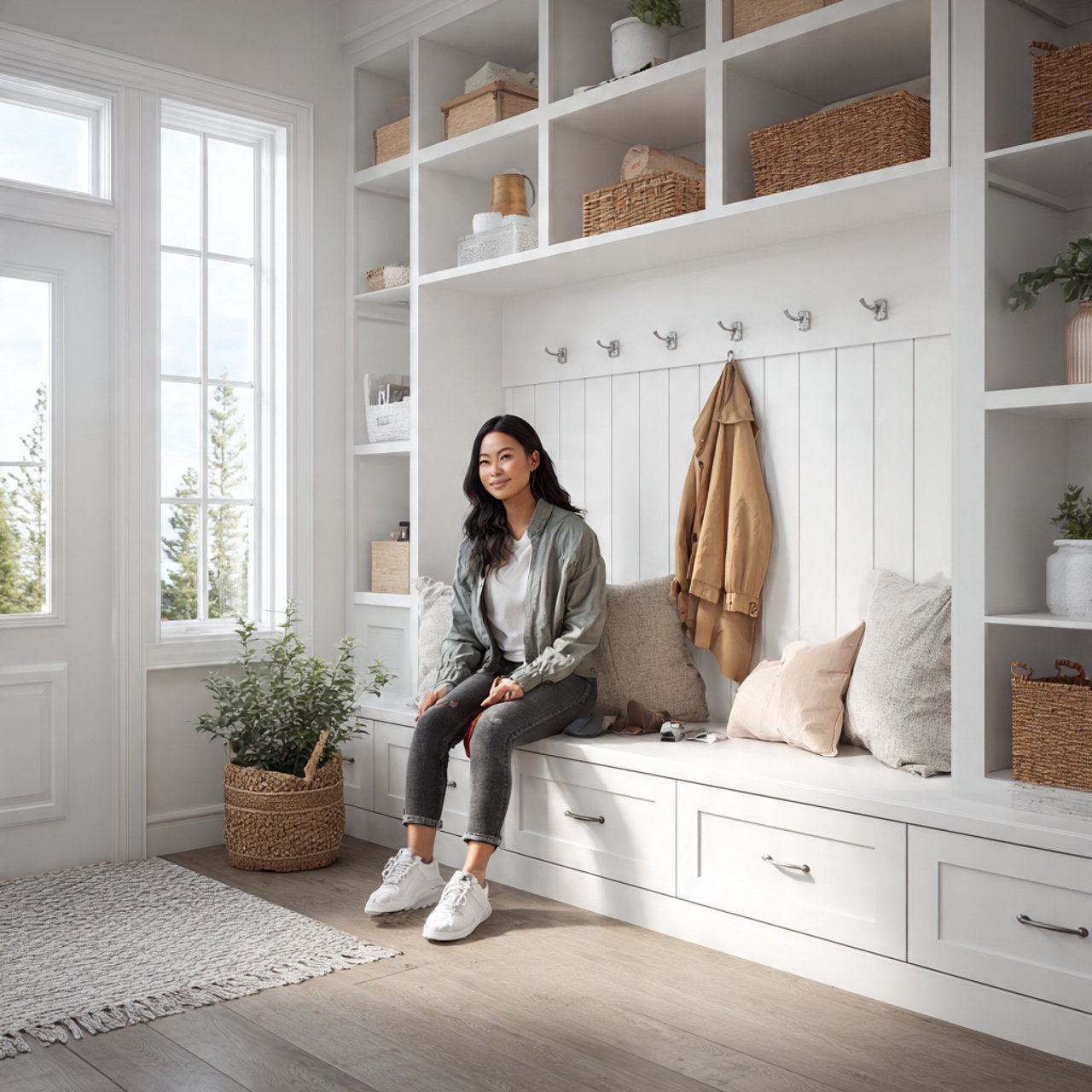 ultra realistic built in mudroom bench with white
