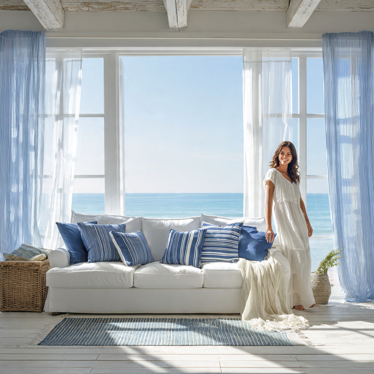 ultra realistic coastal blue and white living room