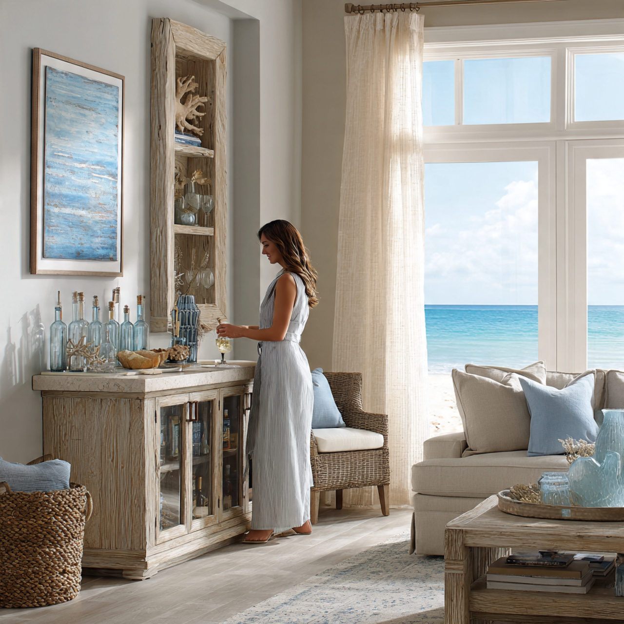 ultra realistic coastal style living room with a d
