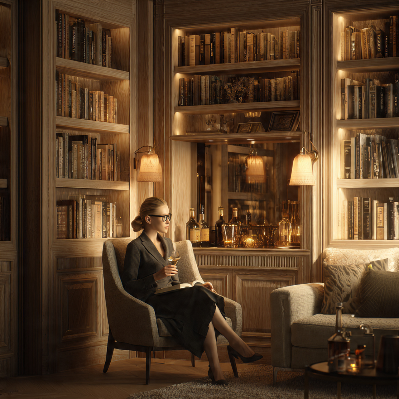 ultra realistic cozy living room with a built in b