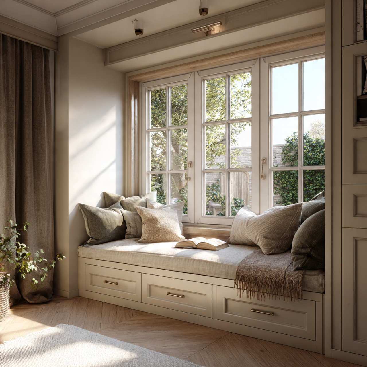 ultra realistic cozy window nook with a built in b