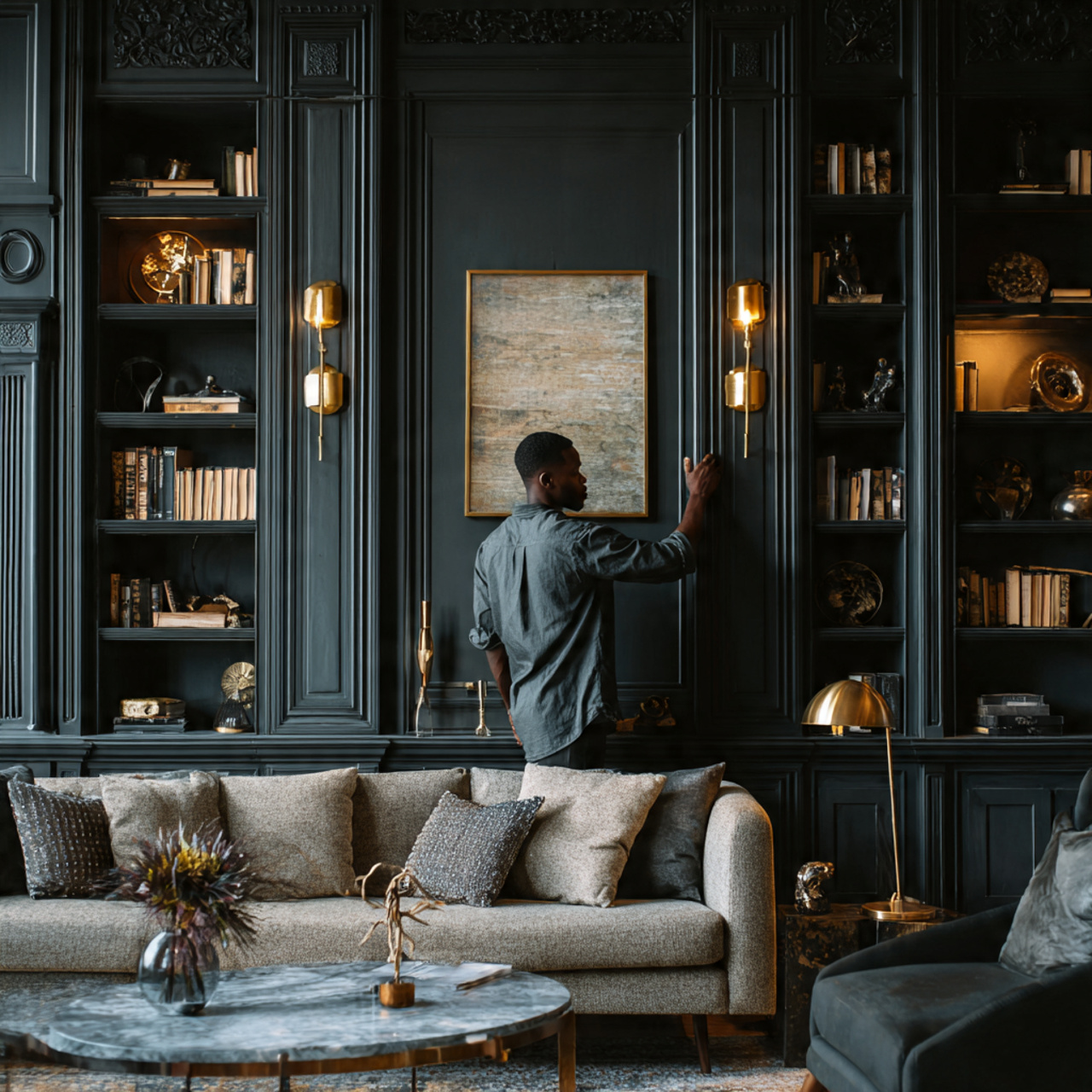 ultra realistic dark charcoal accent living room b