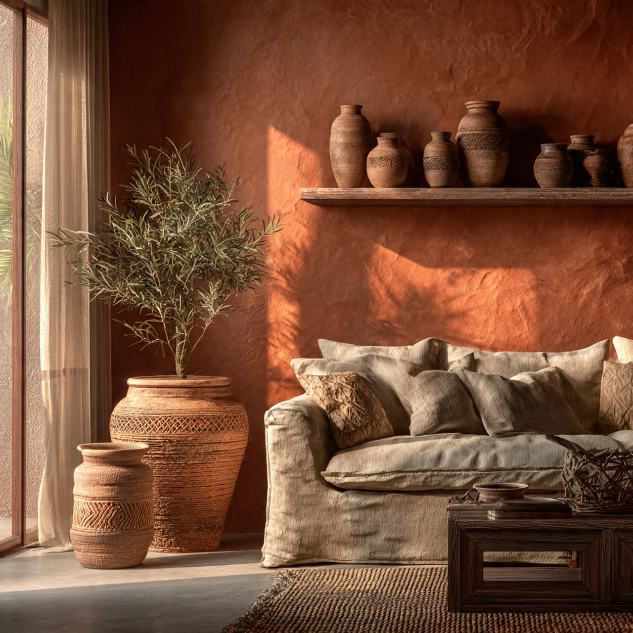 ultra realistic earthy terracotta tone living room