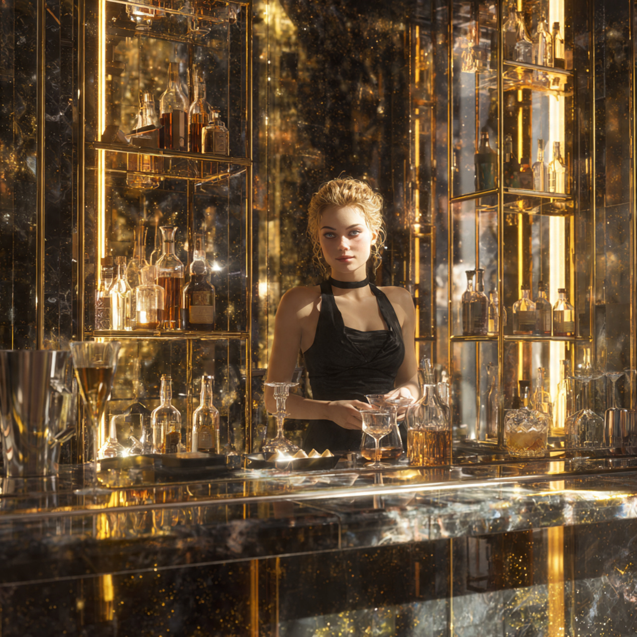 ultra realistic elegant living room bar with a mir