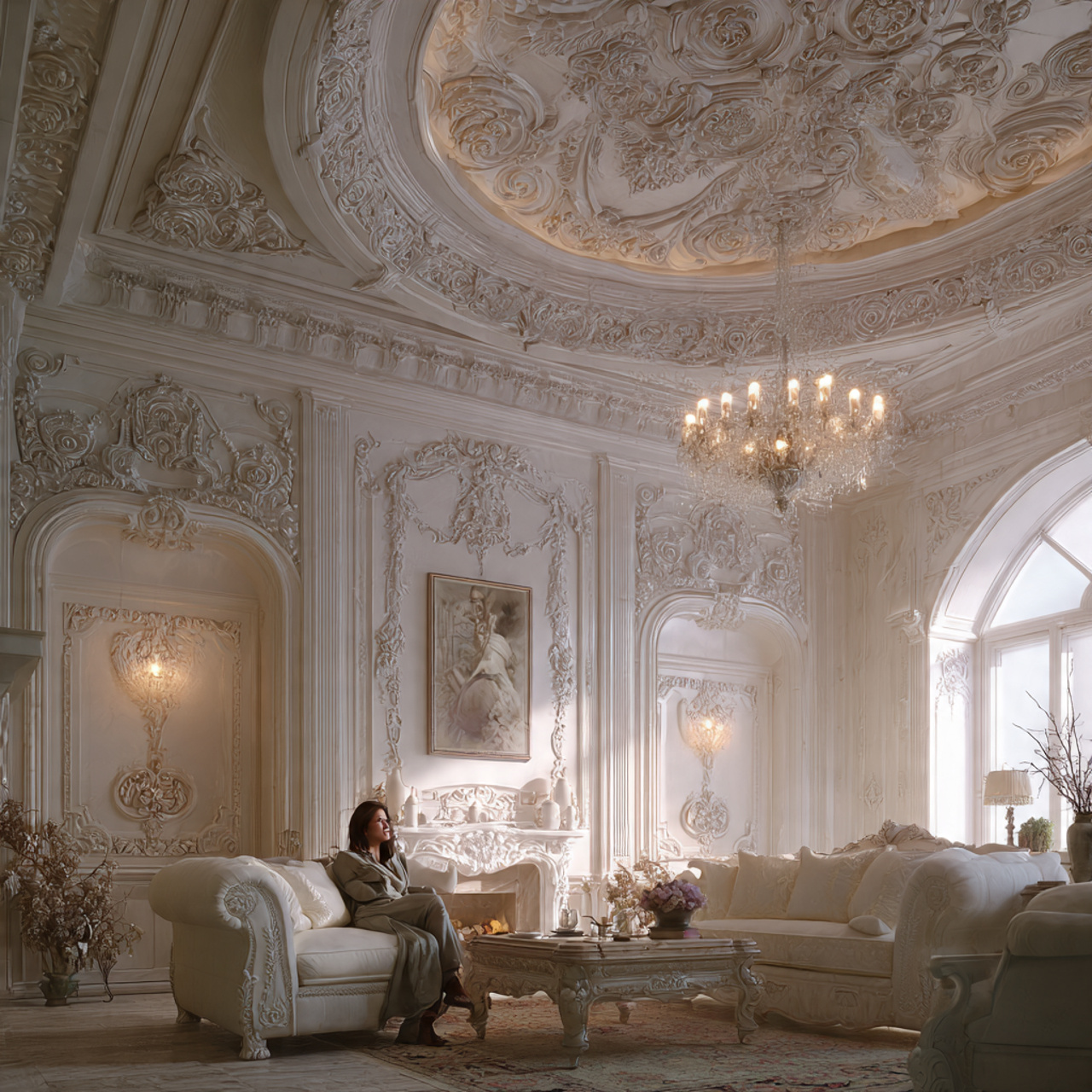 ultra realistic elegant living room featuring an o