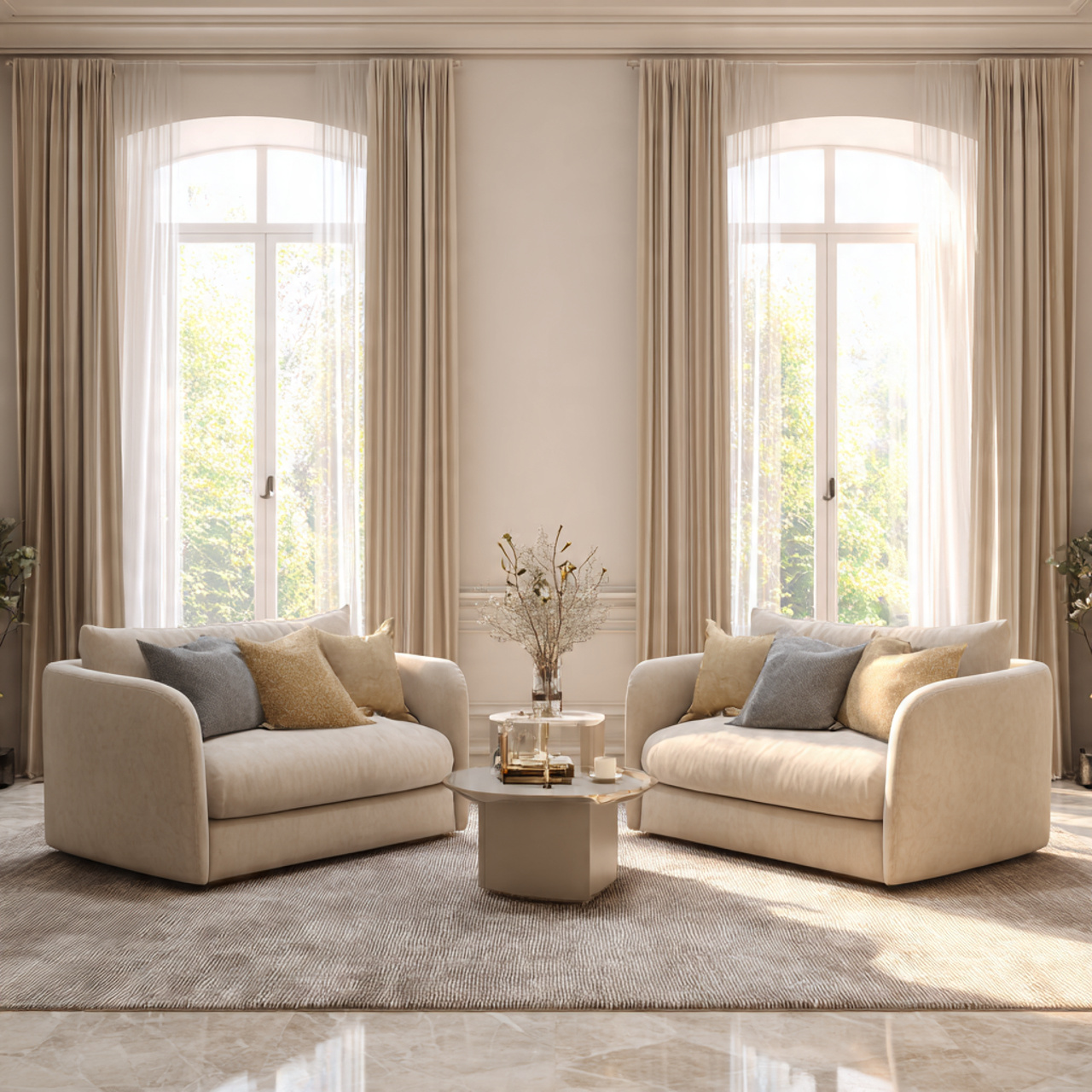 ultra realistic elegant living room with two ident
