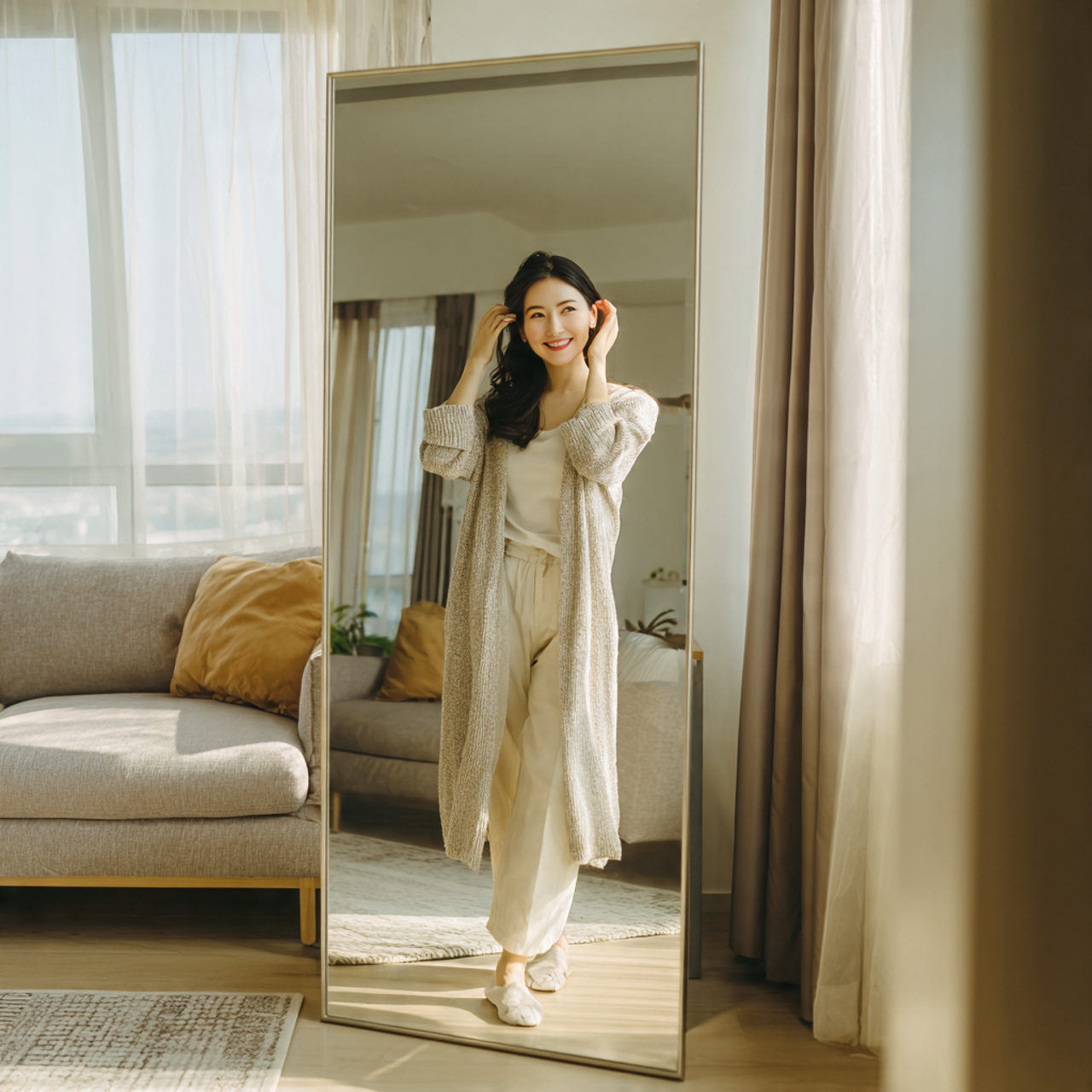 ultra realistic floor to ceiling mirror living roo