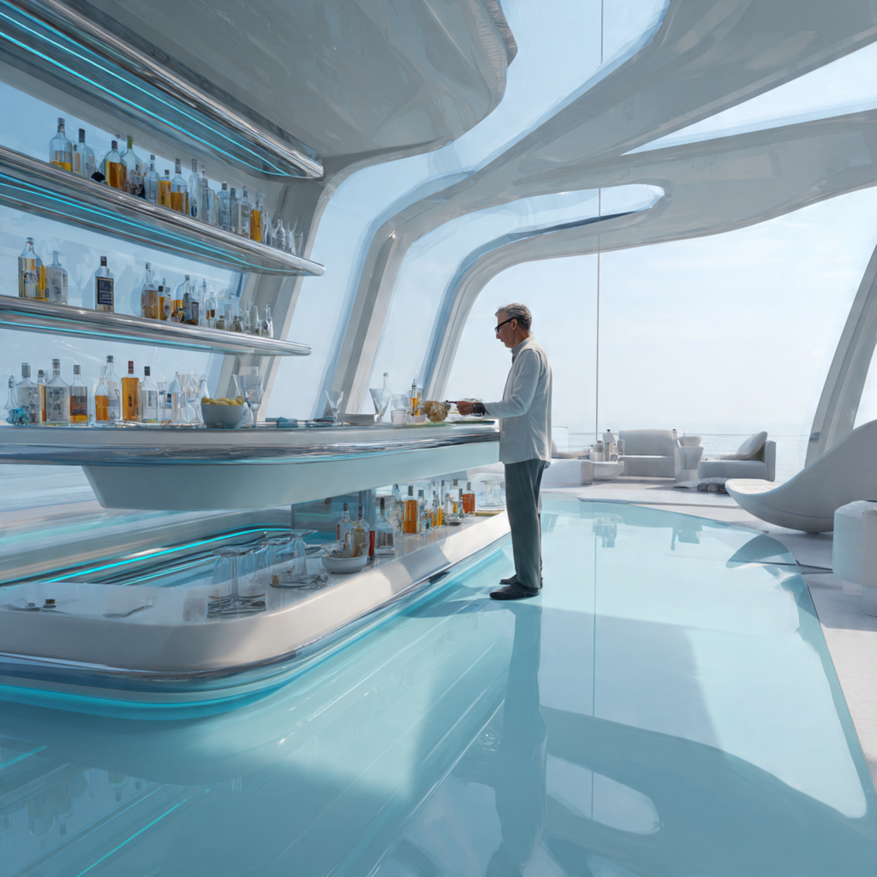 ultra realistic futuristic living room with a slee