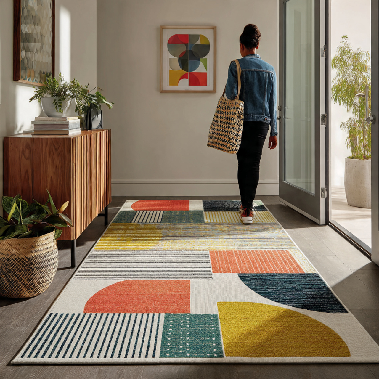 25 Best Entryway Decor Ideas for a Stylish and Welcoming First Impression 5 ultra realistic image of a bold geometric area rug