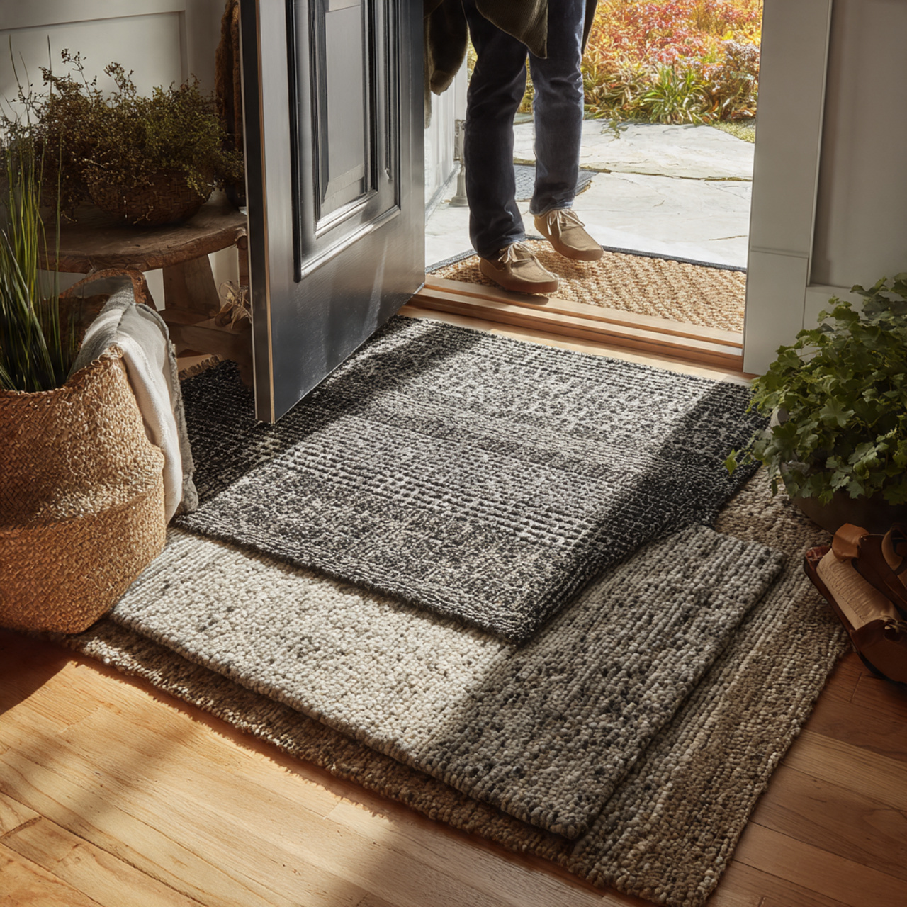 25 Best Entryway Decor Ideas for a Stylish and Welcoming First Impression 24 ultra realistic image of a layered doormat and run