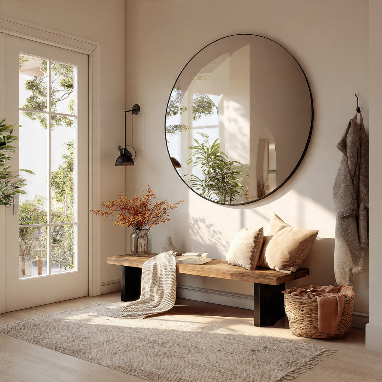25 Best Entryway Decor Ideas for a Stylish and Welcoming First Impression 2 ultra realistic image of an oversized round mirror