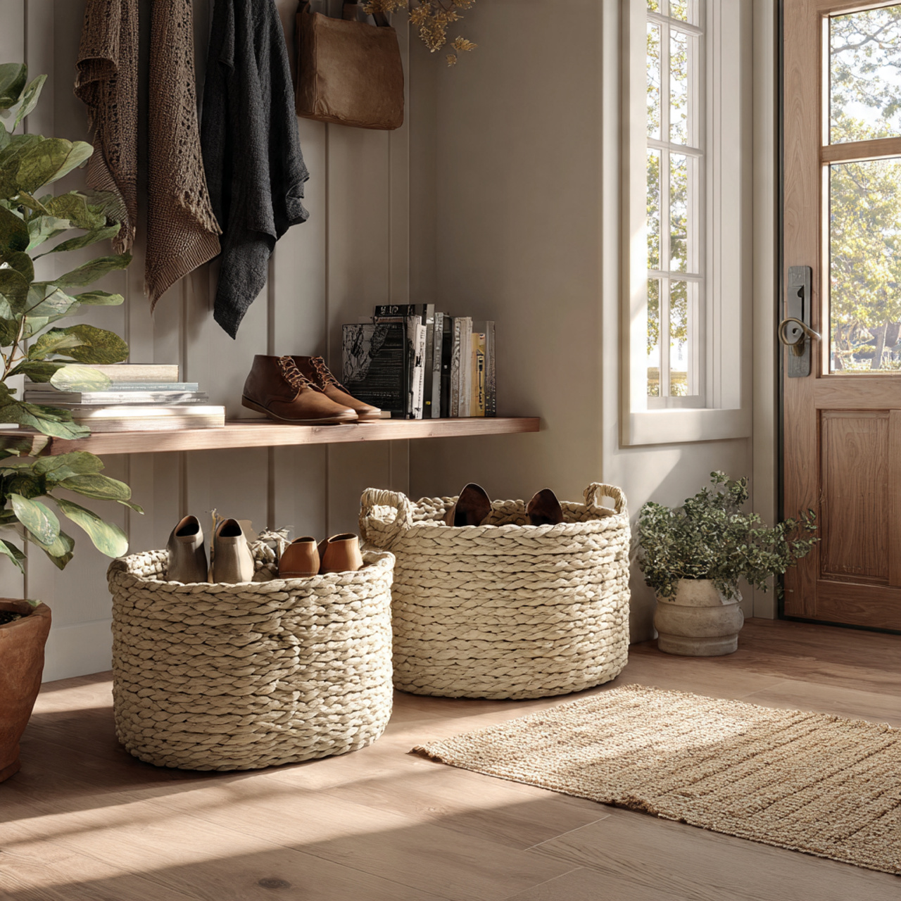 25 Best Entryway Decor Ideas for a Stylish and Welcoming First Impression 4 ultra realistic image of natural woven storage bas