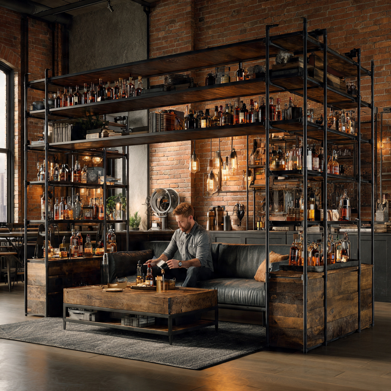 ultra realistic industrial style living room featu