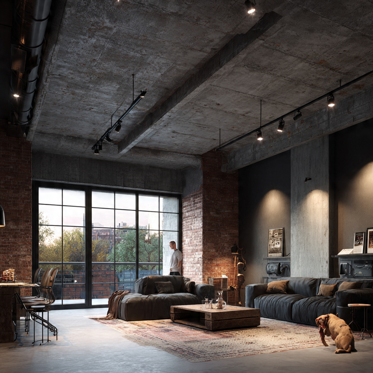 ultra realistic industrial style living room with