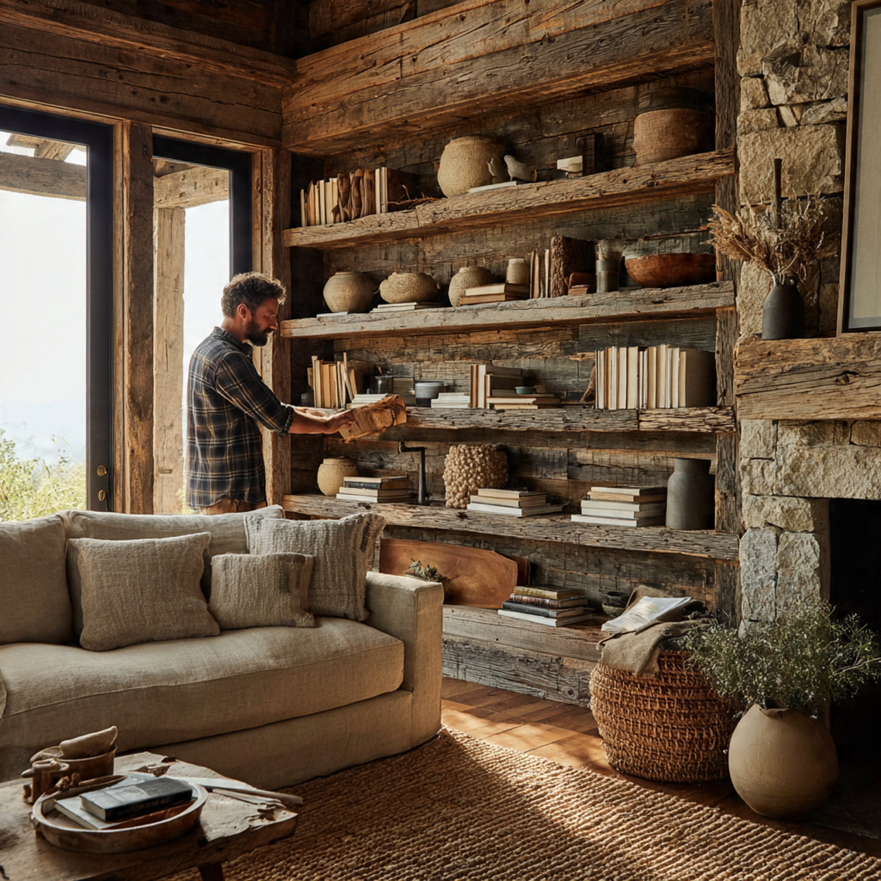 ultra realistic interior photo of rustic reclaimed