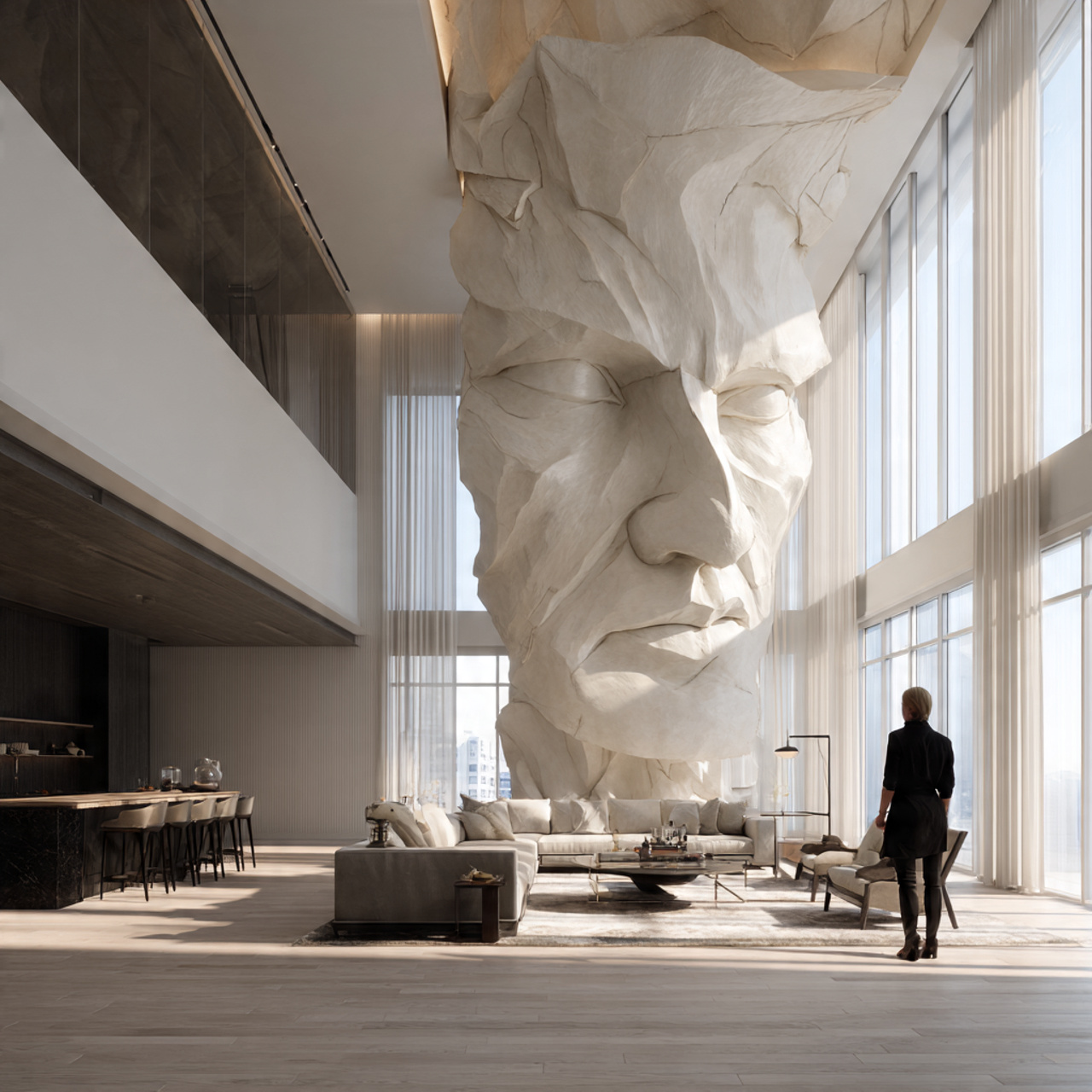 ultra realistic large living room featuring a bold