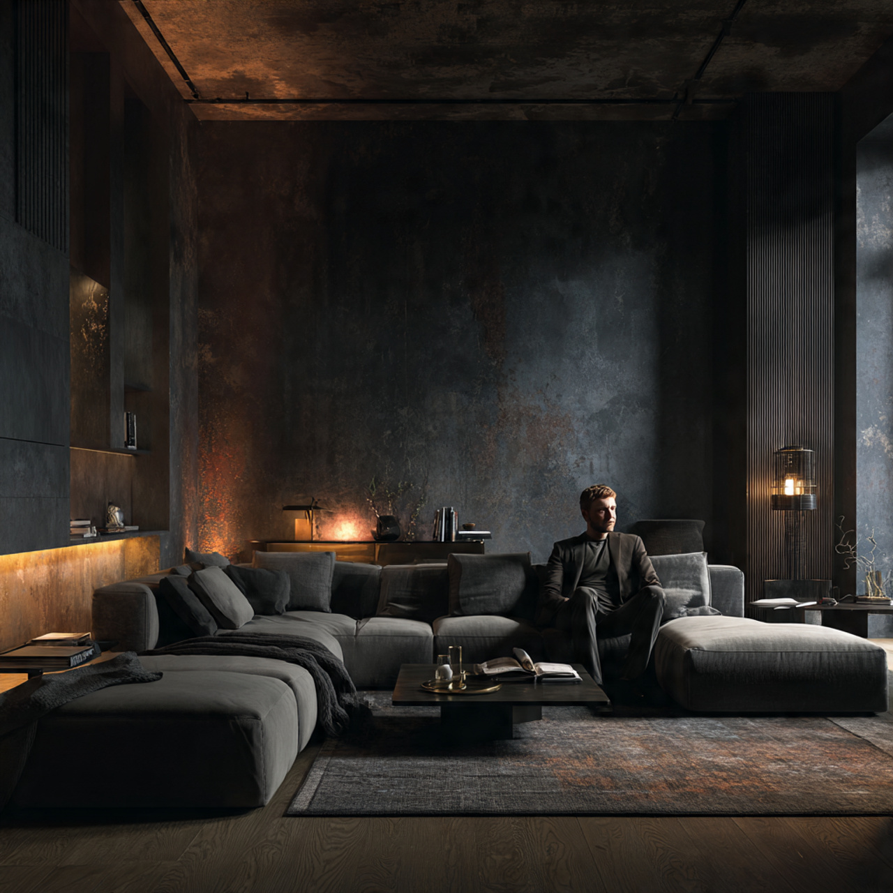 ultra realistic large living room featuring a dark