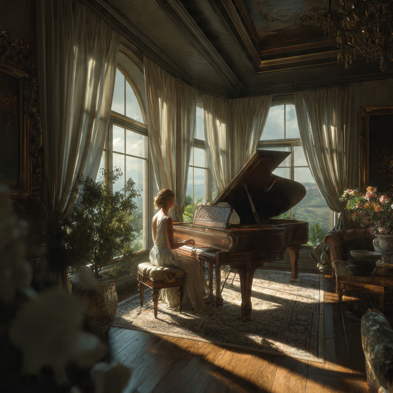 ultra realistic large living room featuring a gran