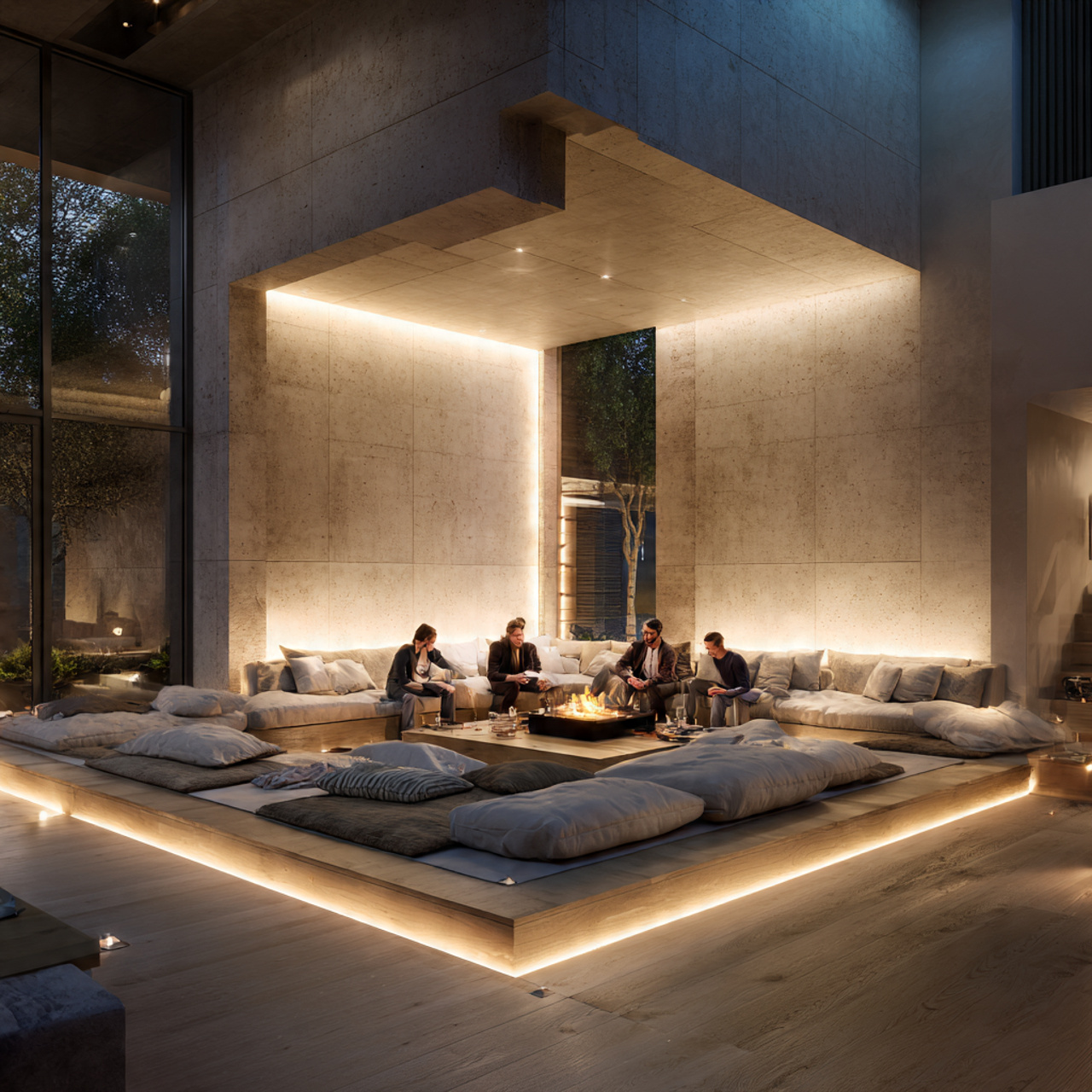 ultra realistic large living room featuring a styl