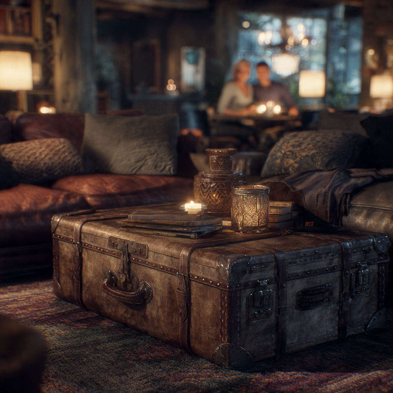 ultra realistic large living room featuring a vint