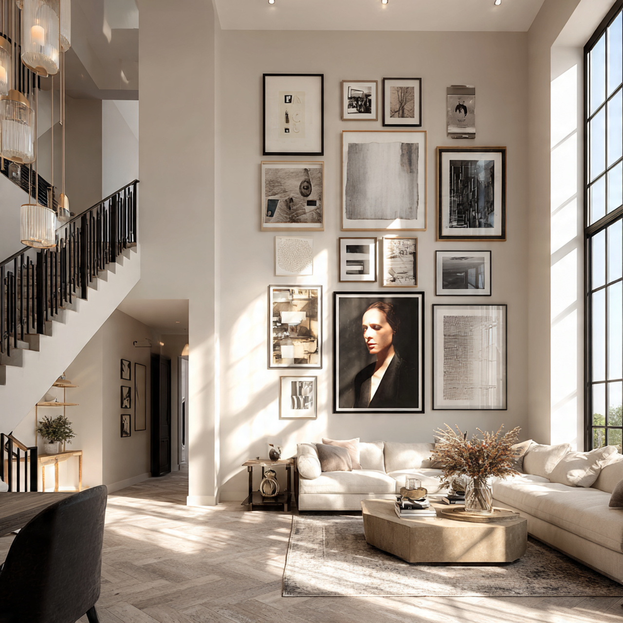 ultra realistic large living room with a dramatic