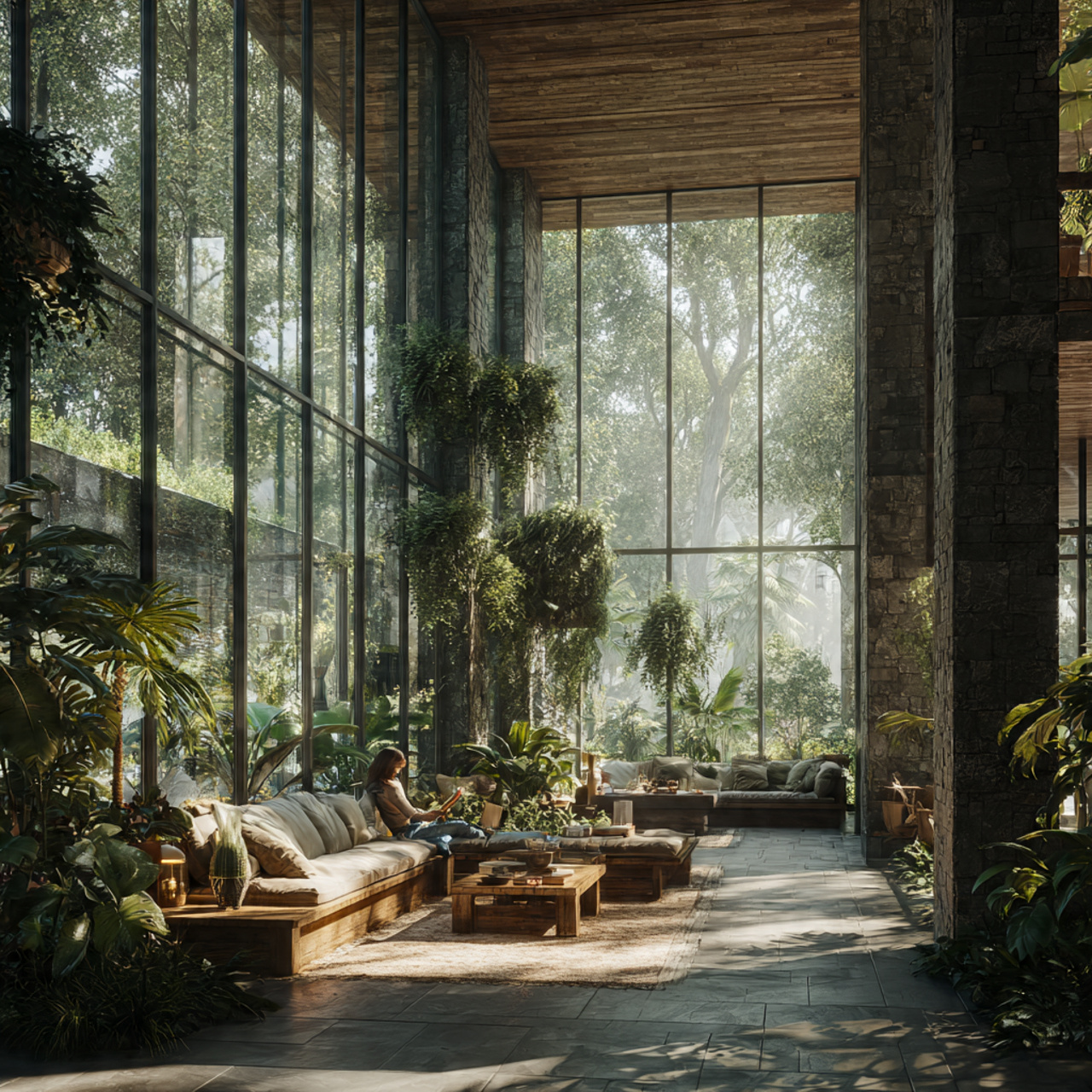 ultra realistic large living room with an indoor g