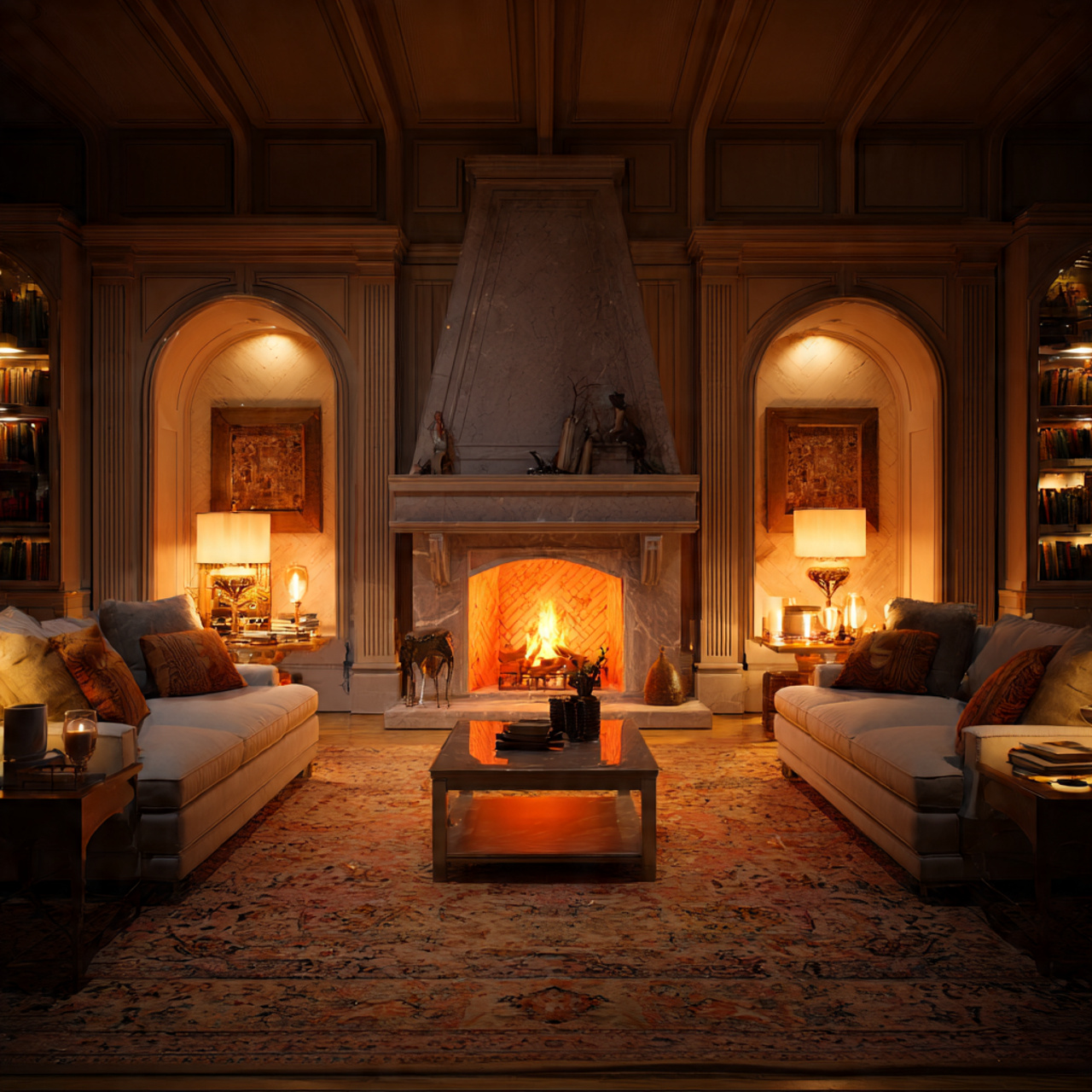 ultra realistic large living room with dual firepl