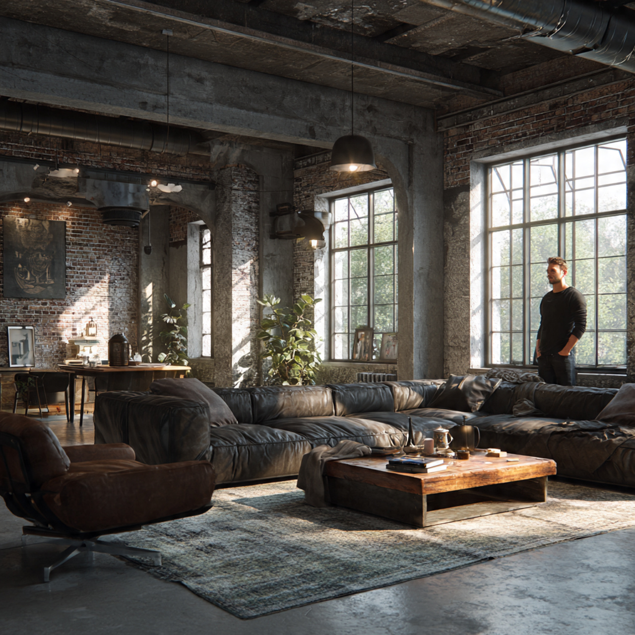 ultra realistic large living room with industrial