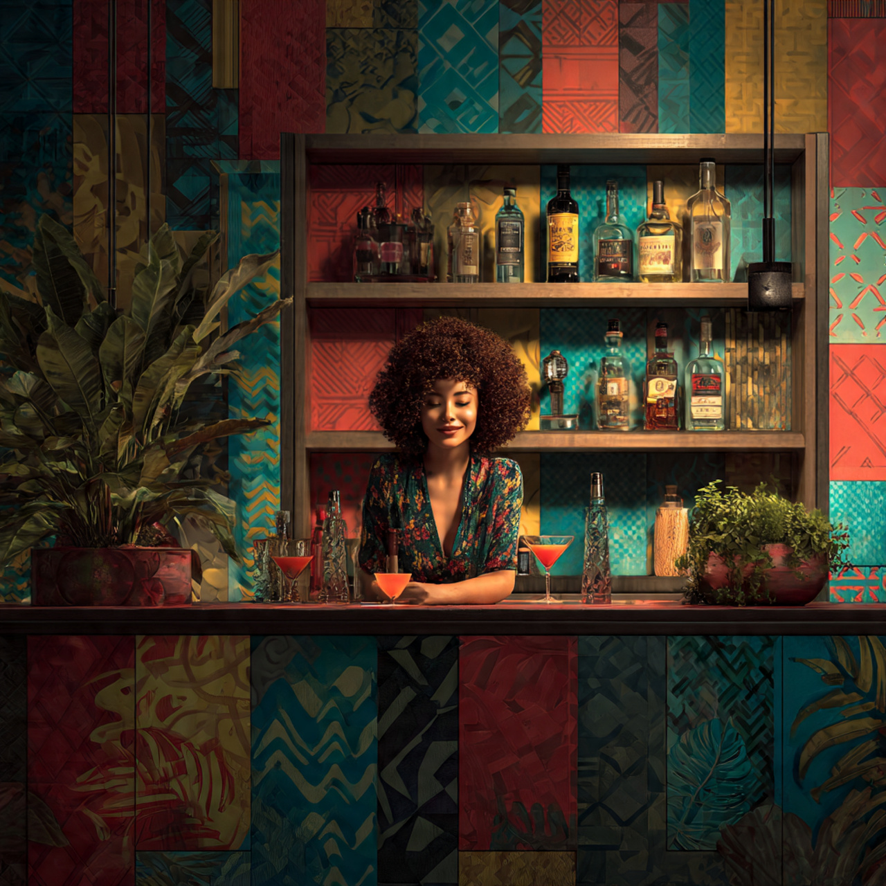 ultra realistic living room bar with bold colorful