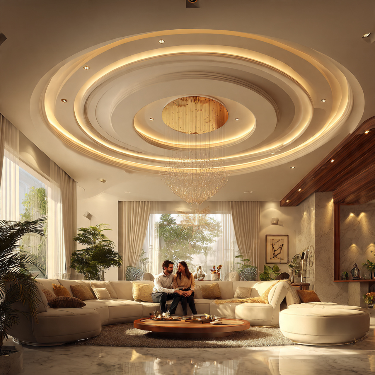 ultra realistic living room featuring a circular l
