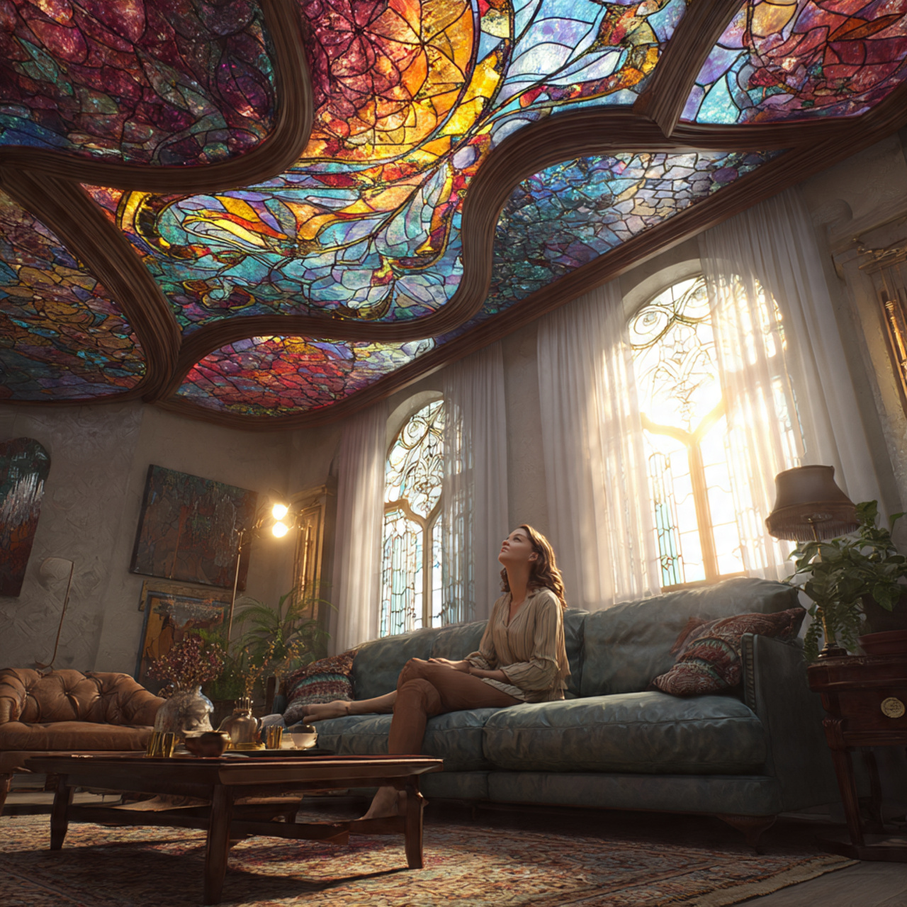ultra realistic living room featuring a false ceil