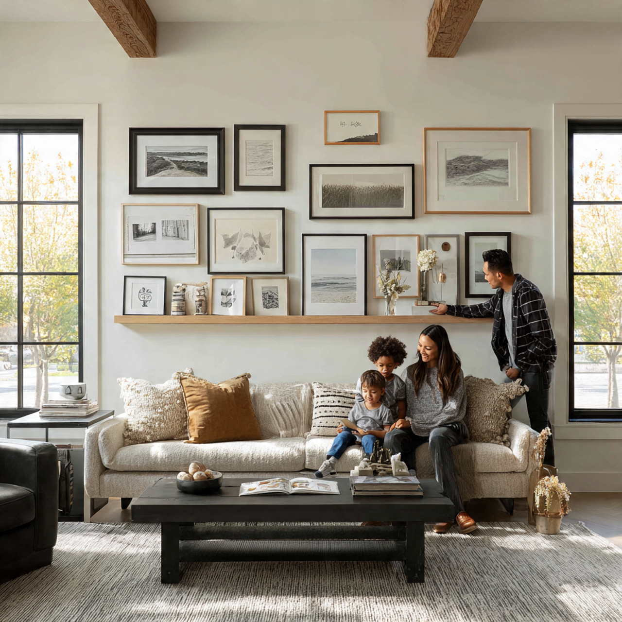 ultra realistic living room featuring a long pictu