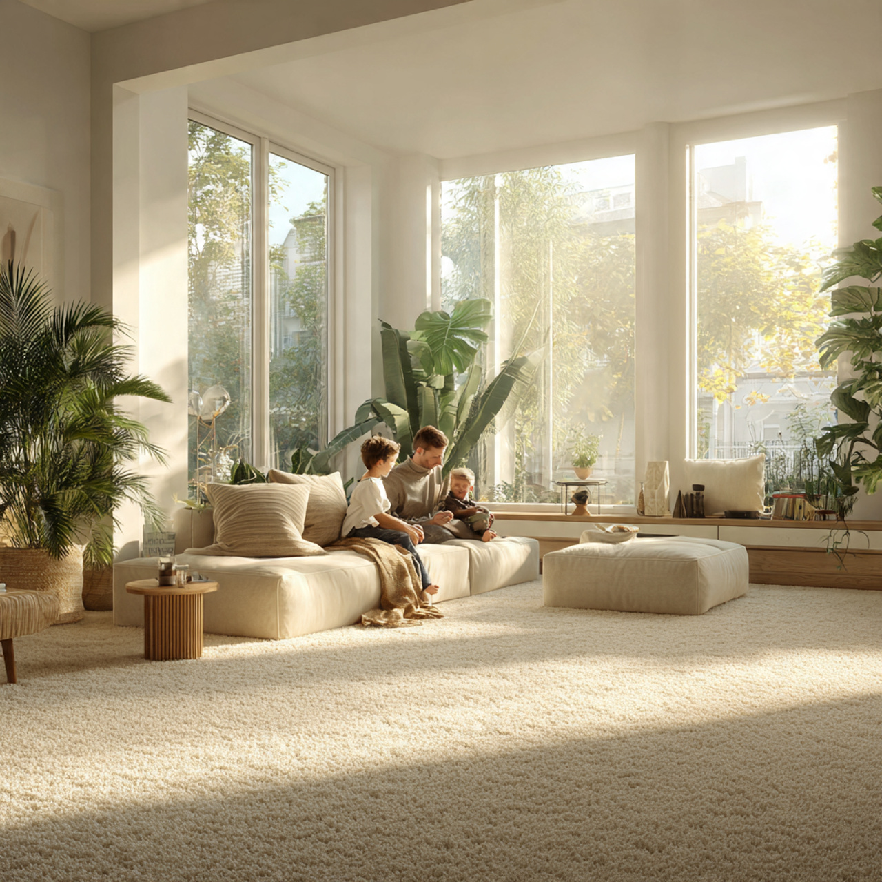 ultra realistic living room featuring a neutral pl