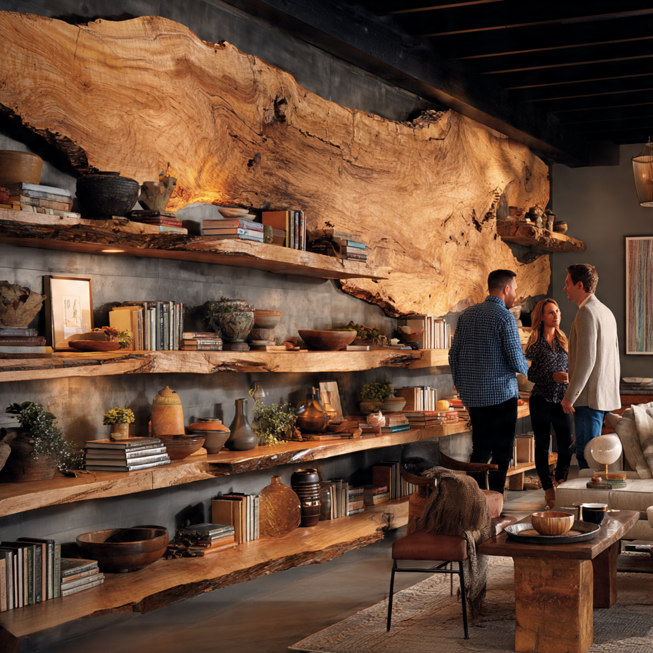 ultra realistic living room featuring live edge ru