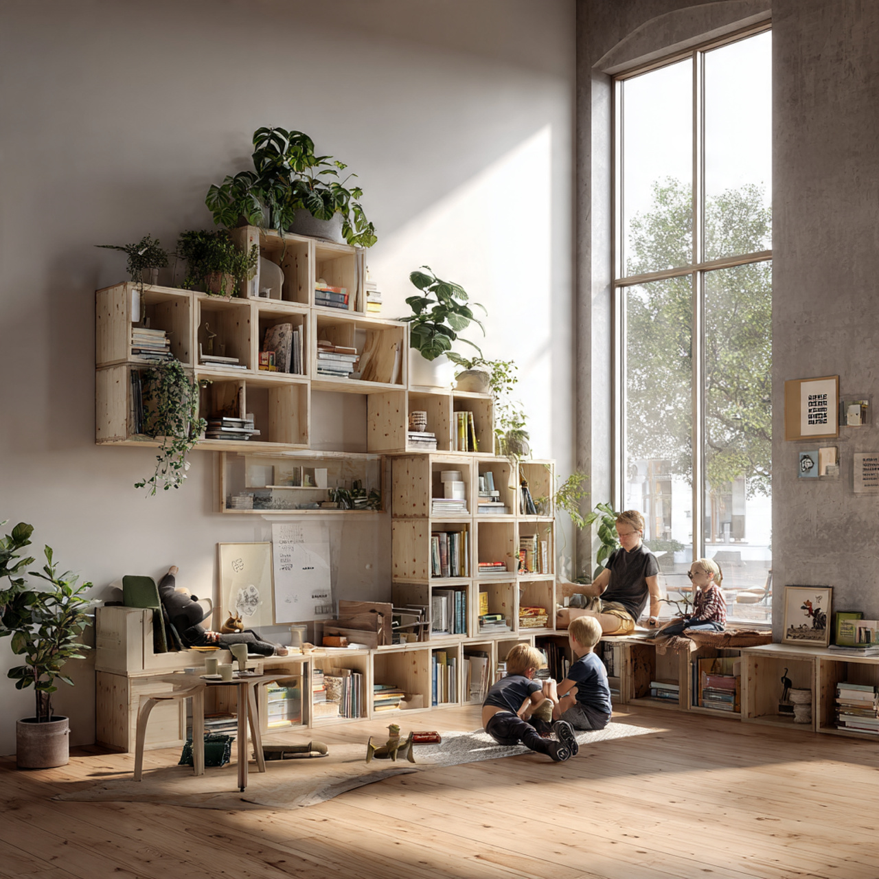 ultra realistic living room featuring modular stac