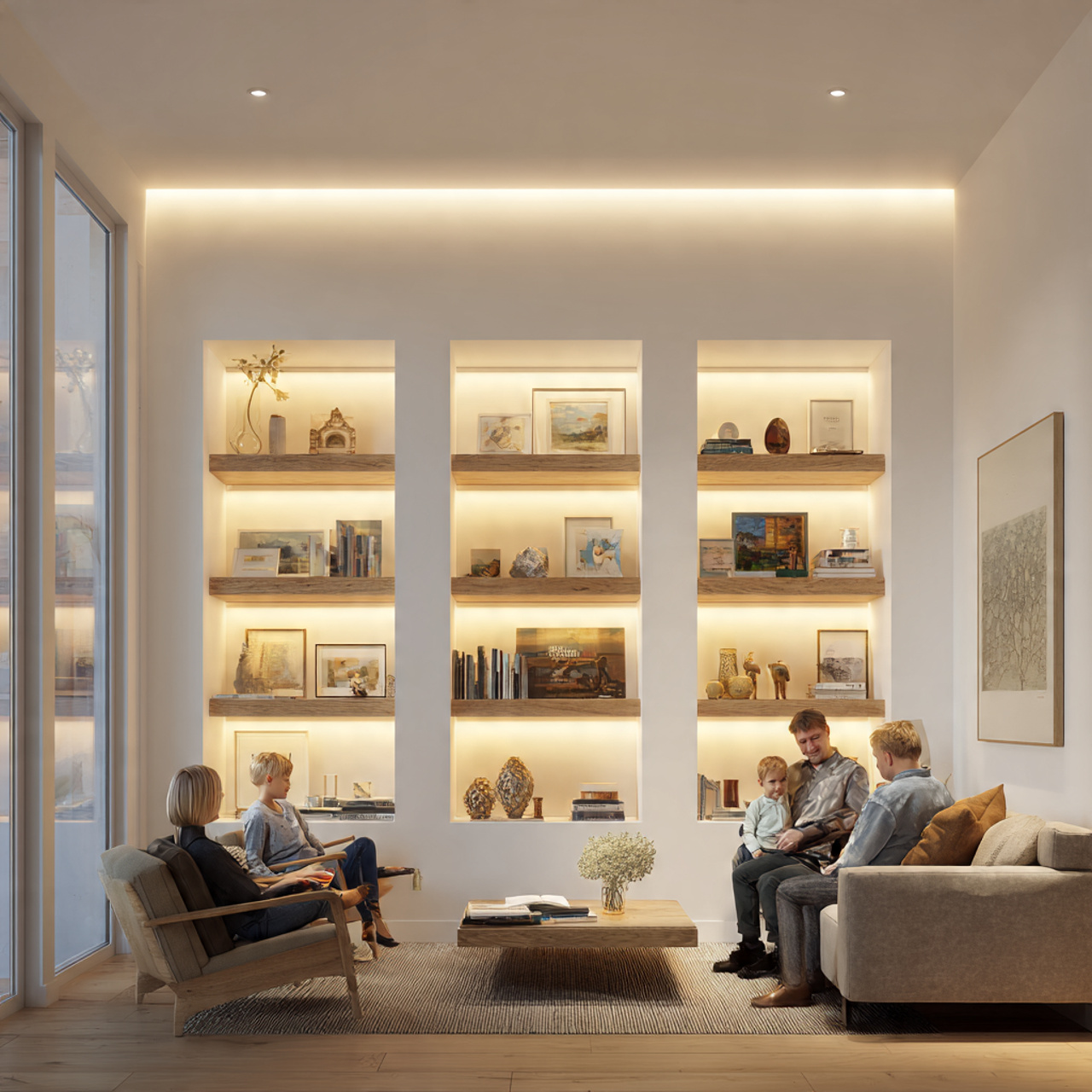 ultra realistic living room featuring recessed wal