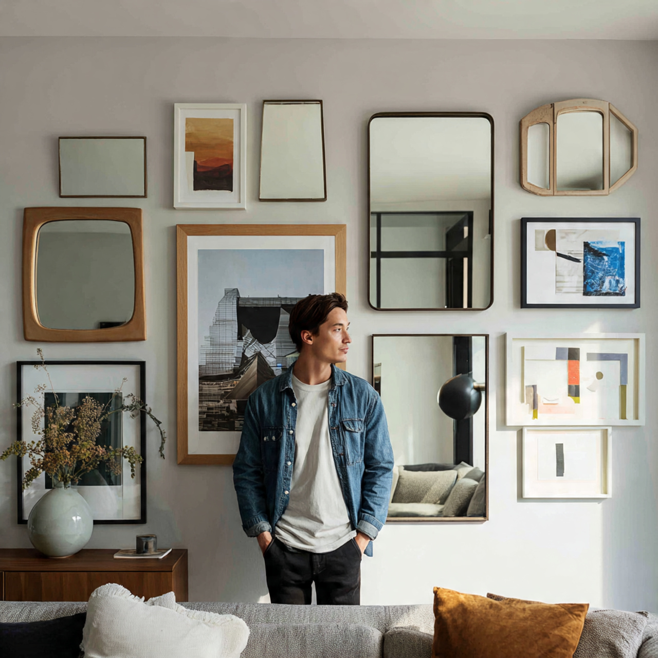 ultra realistic living room mirror ideas featuring 22