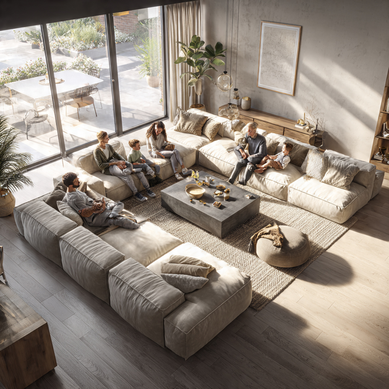ultra realistic living room with a large modular s
