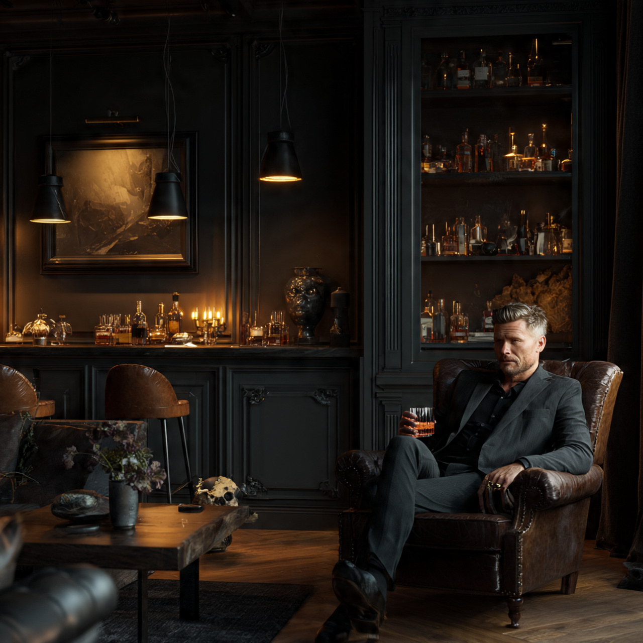 ultra realistic living room with a moody dark char